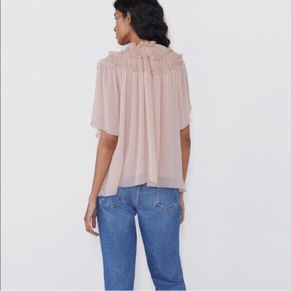 Zara Light Pink Ruffled Short Sleeve Blouse, Size Small - Picture 4 of 16